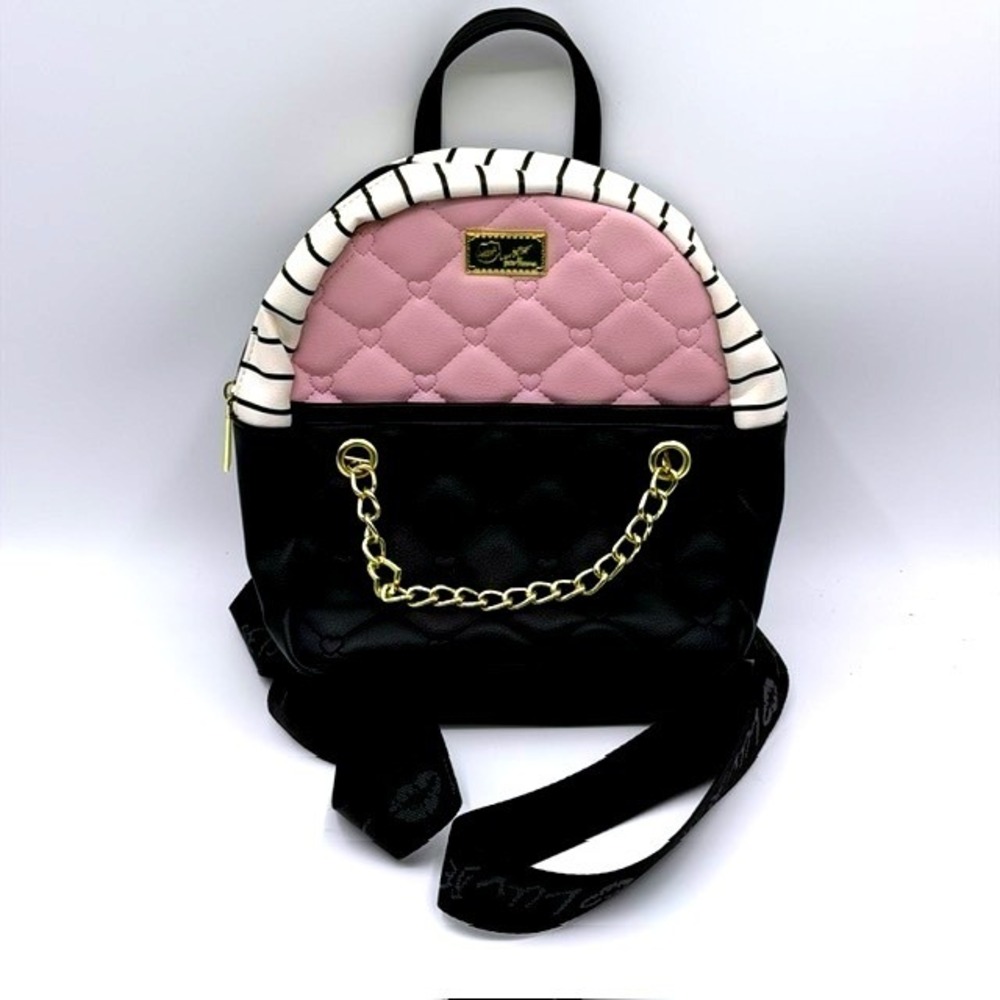 Luv Betsey by Betsey Johnson Mini Backpack Pink Black Heart Quilt Striped Chain‎